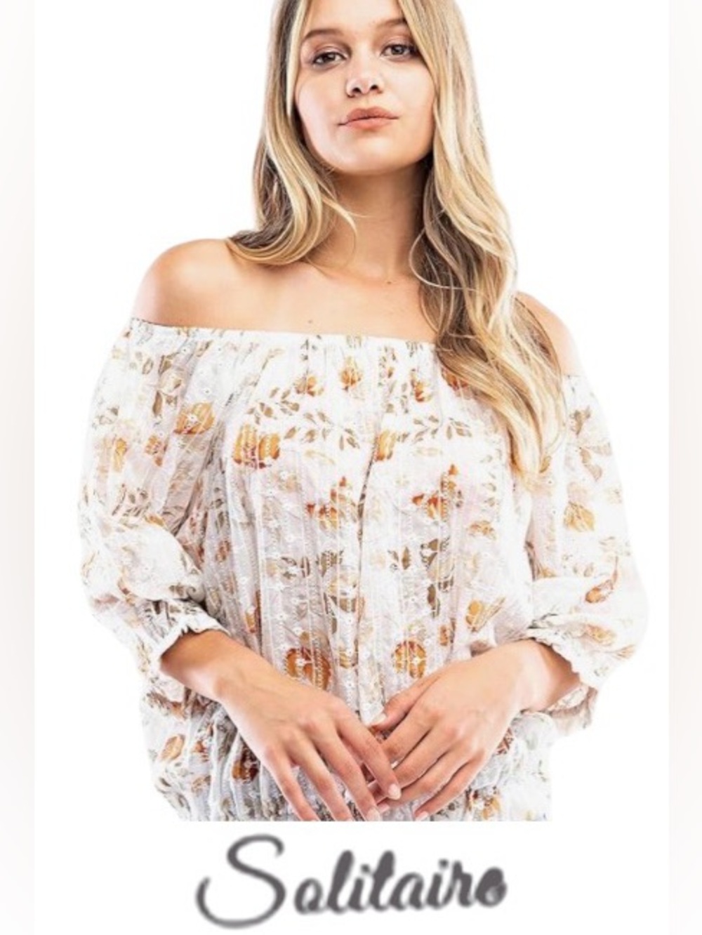 2X Solitaire Puff-Sleeve Boho Peasant Top in Ivory, Cream and Khaki